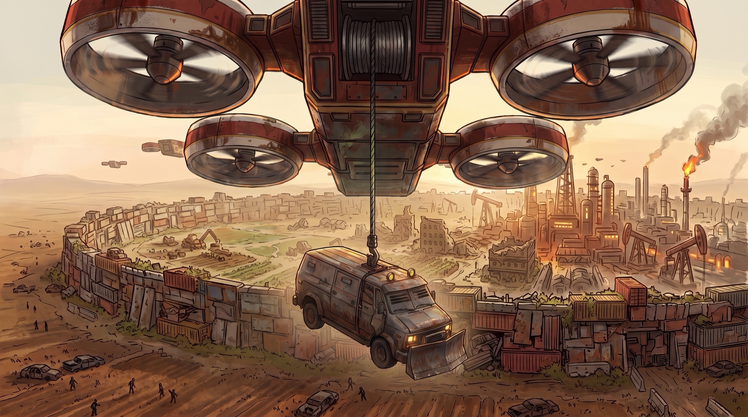 An automated lifter carries an armored van with a plow over the scrap wall of Bakersfield, oil derricks and farms inside.