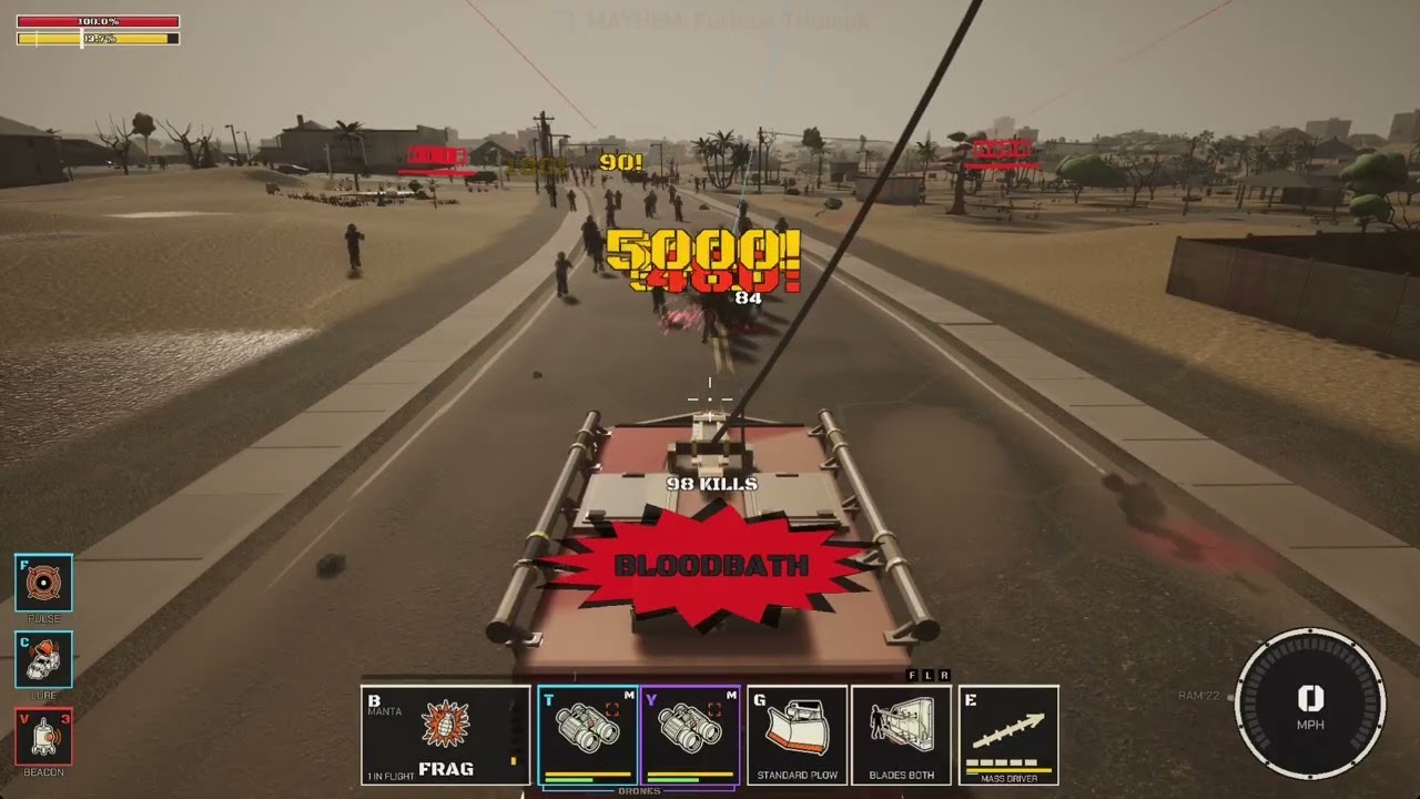 Gameplay: the van plows down a desert street through a crowd of Zs, BLOODBATH callout and 98 kills on screen.